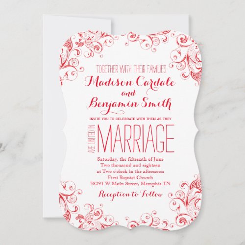 Red and White Elegant Flourish Wedding Invites 5" X 7" Invitation Card