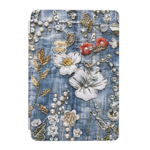 Red and White Embroidered Blooms on Denim iPad Mini Cover
