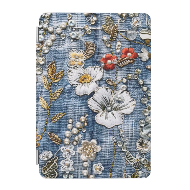  Red and White Embroidered Blooms on Denim iPad Mini Cover (Front)