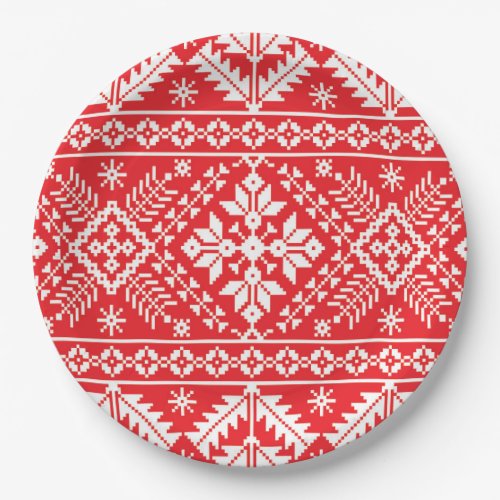 Red and White Fair Isle Christmas Pattern Paper Plates