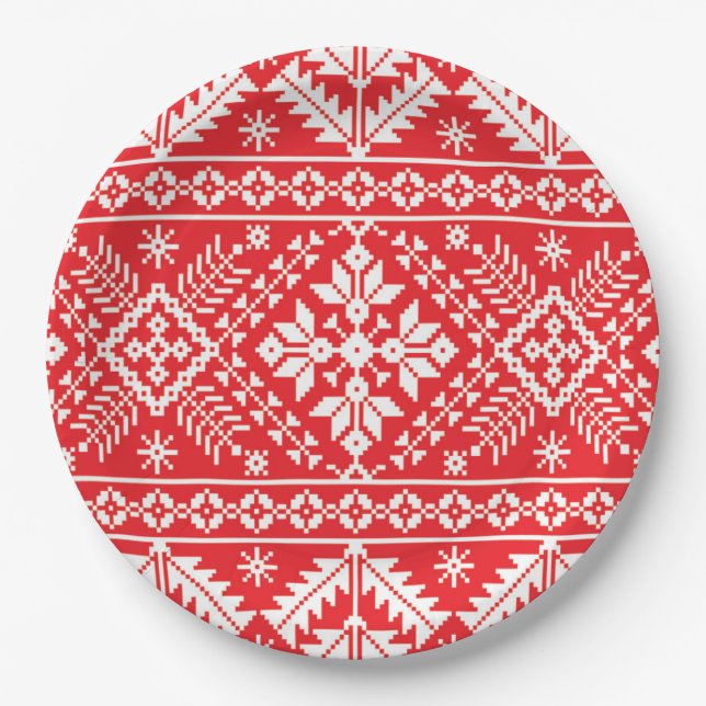 Red and White Fair Isle Christmas Pattern Paper Plates (Front)