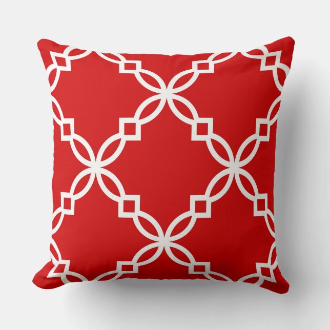 Red and White Fancy Quatrefoil Pattern Throw Pillow (Front)