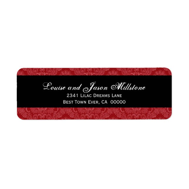 Red and White Feathery Damask Wedding Collection Label (Front)