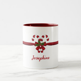 Red And White Festive Candy Canes Bow And Name Two-Tone Coffee Mug