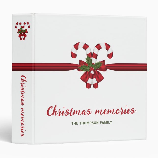 Red And White Festive Candy Canes Bow And Text 3 Ring Binder (Front/Spine)