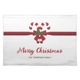 Red And White Festive Candy Canes Bow And Text Cloth Placemat