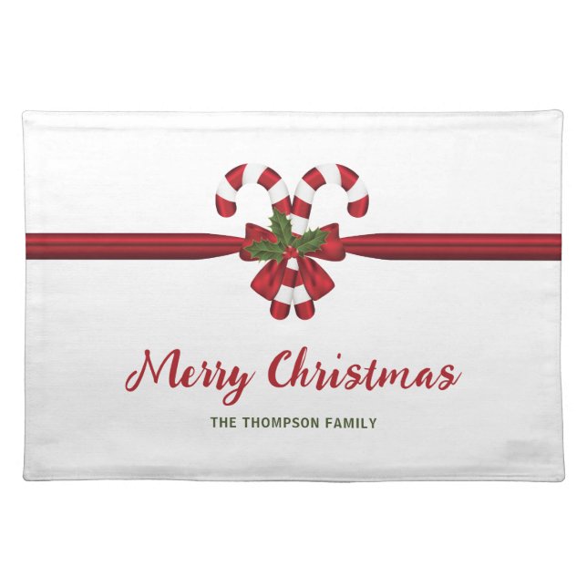 Red And White Festive Candy Canes Bow And Text Cloth Placemat (Front)