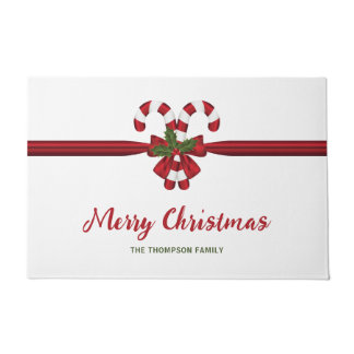 Red And White Festive Candy Canes Bow And Text Doormat