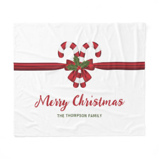 Red And White Festive Candy Canes Bow And Text Fleece Blanket