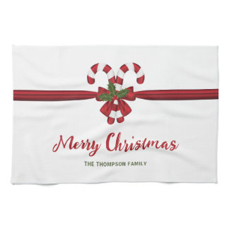Red And White Festive Candy Canes Bow And Text Kitchen Towel