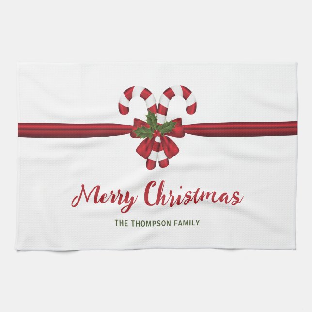 Red And White Festive Candy Canes Bow And Text Kitchen Towel (Horizontal)