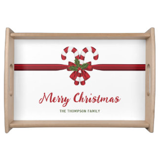 Red And White Festive Candy Canes Bow And Text Serving Tray