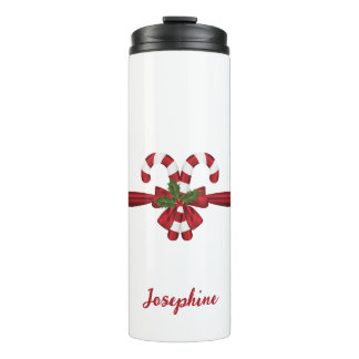 Red And White Festive Candy Canes Bow And Text Thermal Tumbler