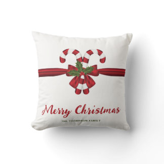 Red And White Festive Candy Canes Bow And Text Throw Pillow