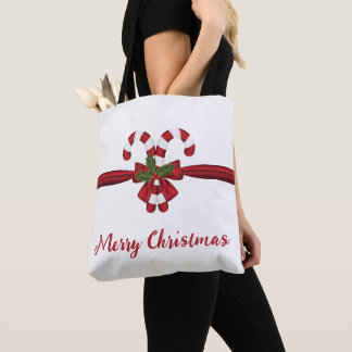 Red And White Festive Candy Canes Bow And Text Tote Bag