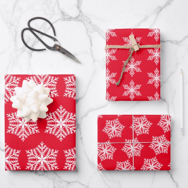 Red and White Festive Snowflakes Christmas Pattern Wrapping Paper Sheets (Front)