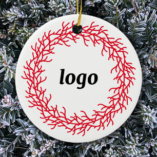 Red and White Festive Wreath Logo Business Ceramic Ornament