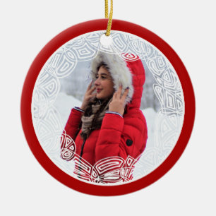 Red and White Filigree - Two Sided Ceramic Ornament