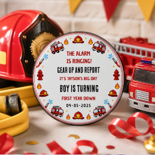 Red and White Firetruck 1st Birthday Party Button