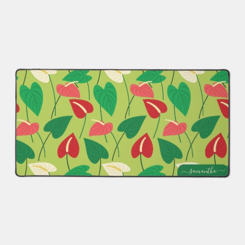 Red and white flamingo flowers pattern desk mat