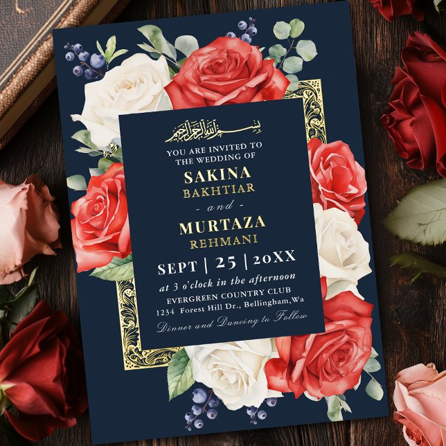 Red and White Floral Blue Muslim Wedding Foil Invitation (Creator Uploaded)