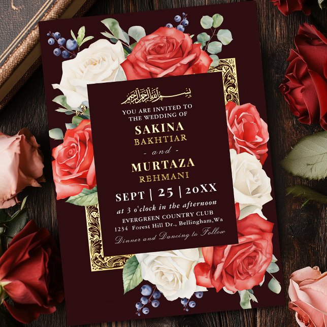 Red and White Floral Burgundy Muslim Wedding Foil Invitation (Creator Uploaded)