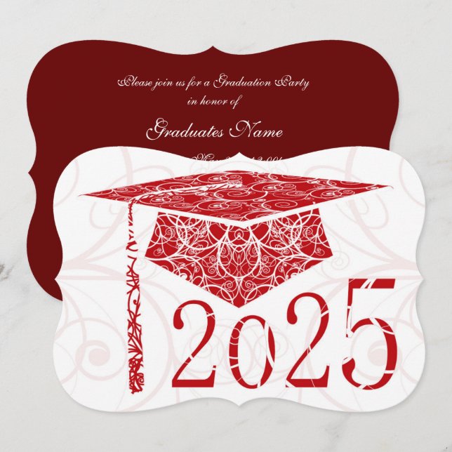 Red and White Floral Cap 2025 Graduation Party Invitation (Front/Back)