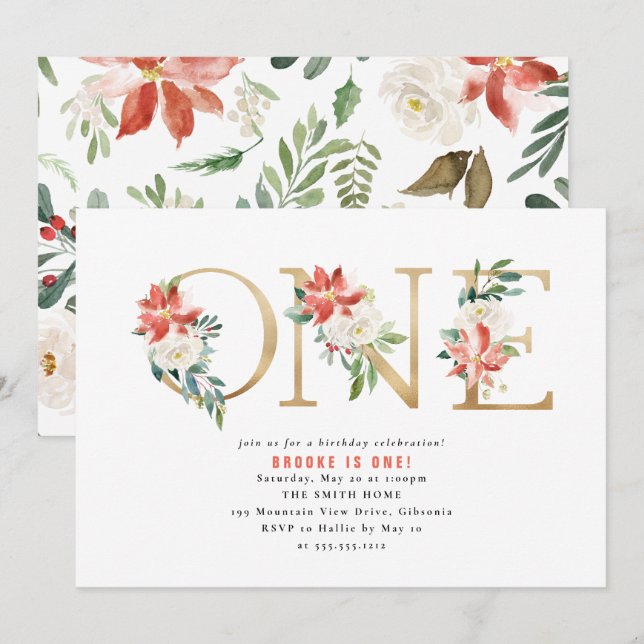 Red and White Floral CHRISTMAS First Birthday Invitation (Front/Back)