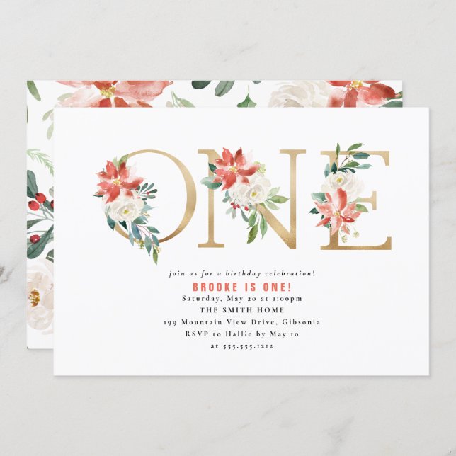 Red and White Floral CHRISTMAS First Birthday Invitation (Front/Back)