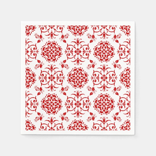 Red and White Floral Damask Style Pattern Paper Napkins (Front)