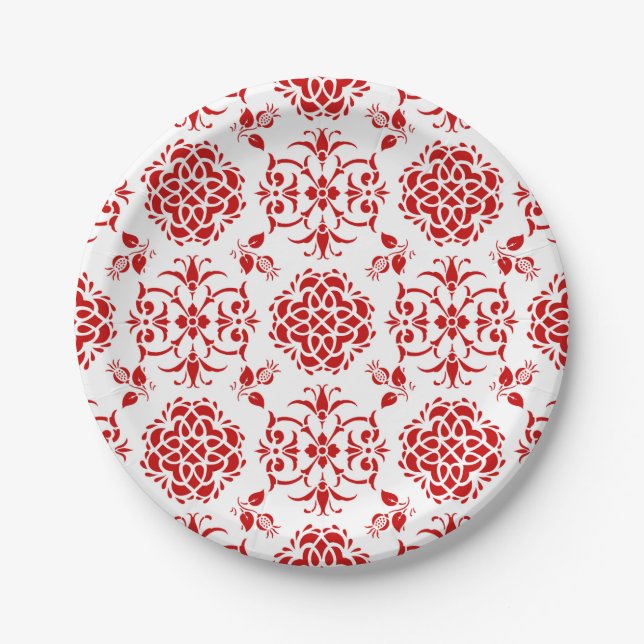 Red and White Floral Damask Style Pattern Paper Plates (Front)