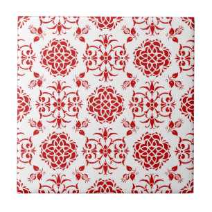 Red and White Floral Damask Style Pattern Tile