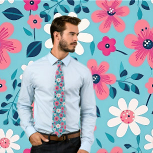 Red and White Floral Design on Light  Blue  Neck Tie