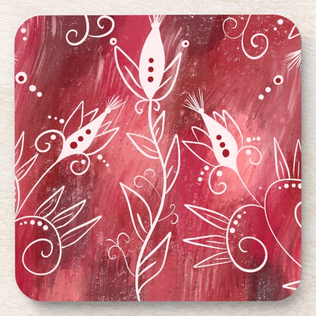 Red And White Floral Pattern Beverage Coaster (Front)