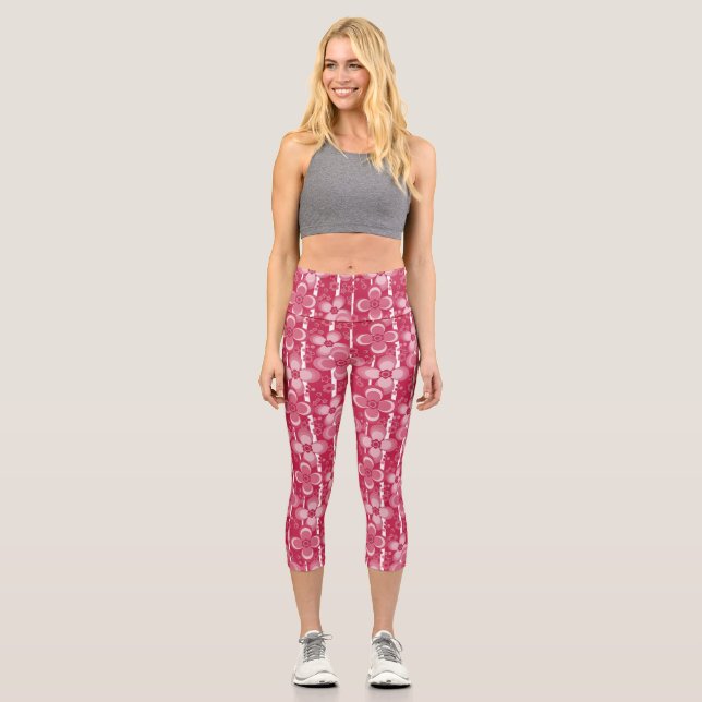 Red and white floral pattern capri leggings (Front)