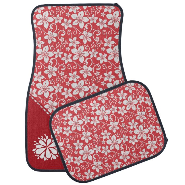 Red and White Floral Pattern Car Mat Set (Set)