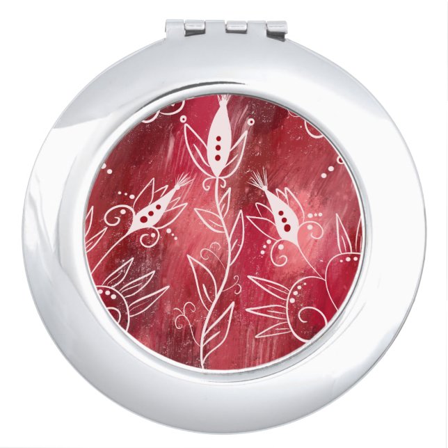 Red And White Floral Pattern Compact Mirror (Front)