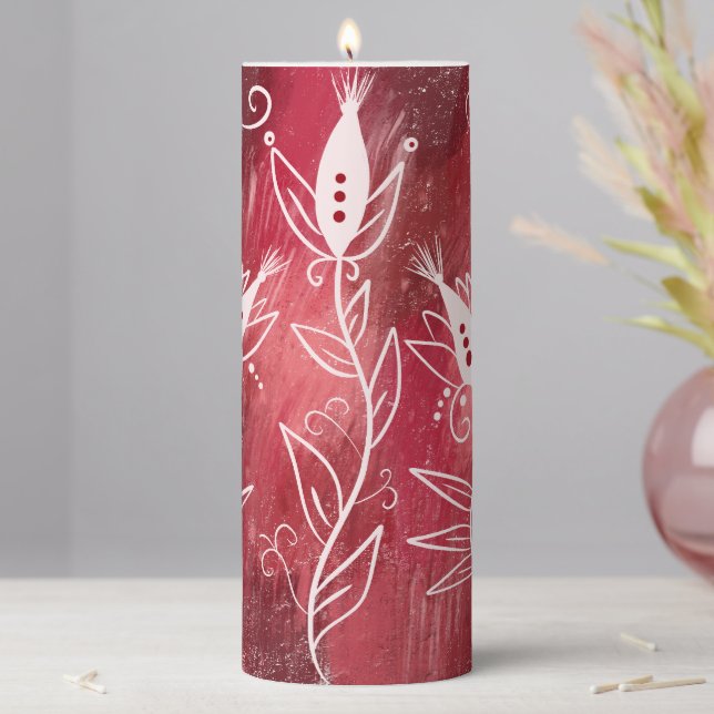 Red And White Floral Pattern Pillar Candle (In Situ)