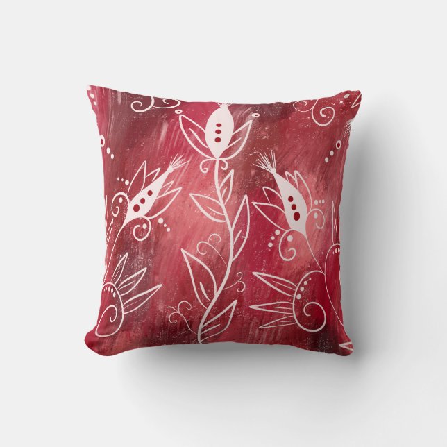 Red And White Floral Pattern Throw Pillow (Front)