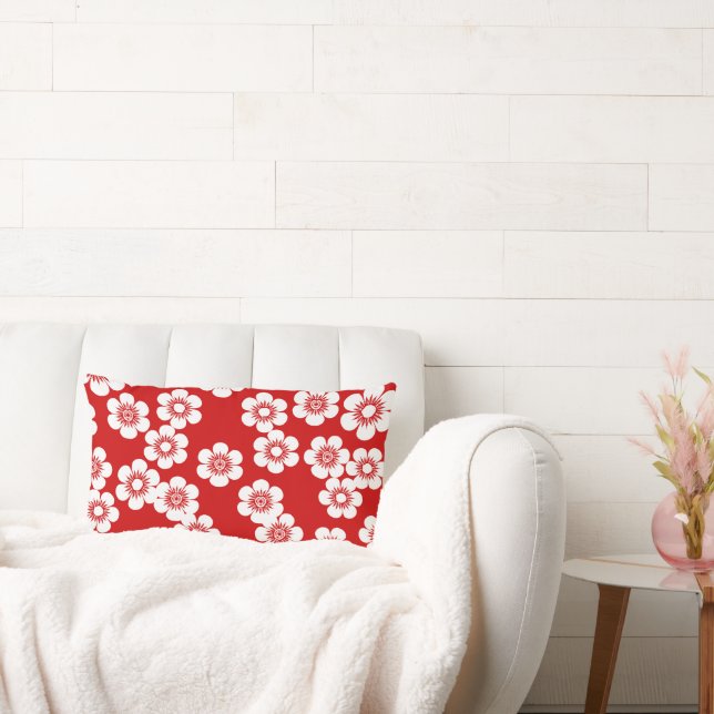 Red and white floral print pattern lumbar pillow (Couch)