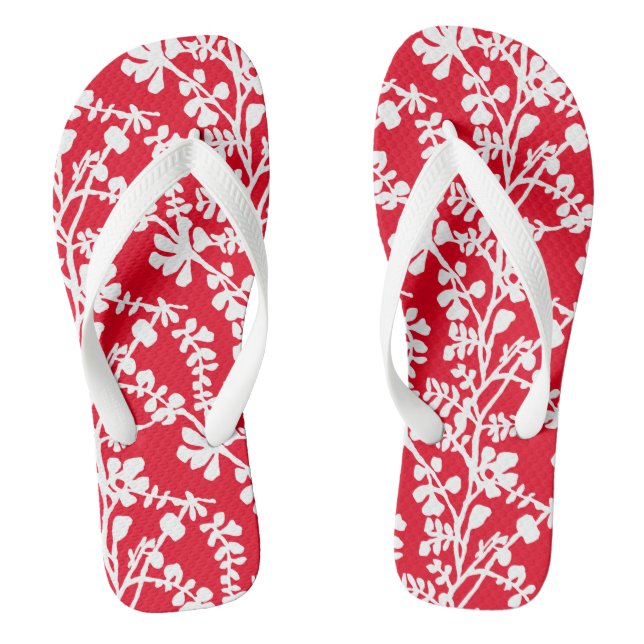 Red And White Floral Repeating Pattern Flip Flops (Footbed)