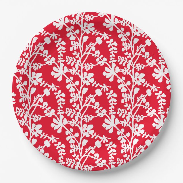 Red And White Floral Repeating Pattern Paper Plates (Front)