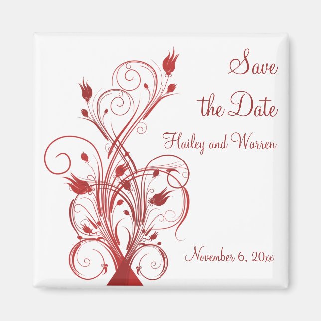 Red and White Floral Save the Date Magnet (Front)