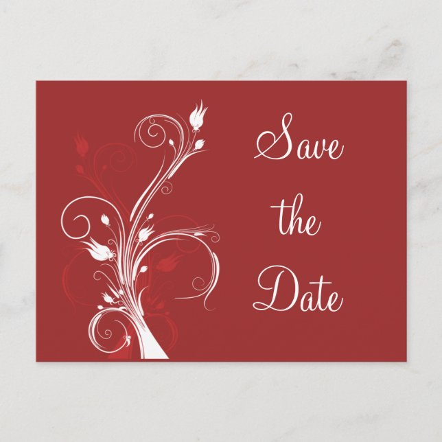 Red and White Floral Save the Date Postcard (Front)