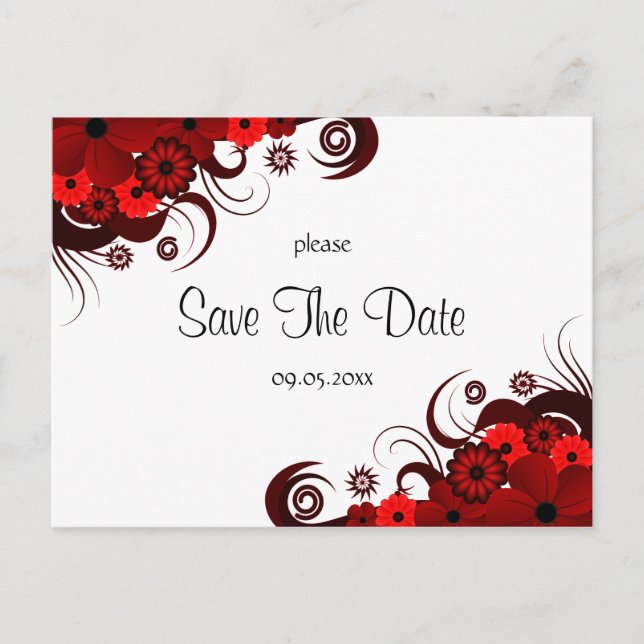 Red and White Floral Save The Date Postcards (Front)