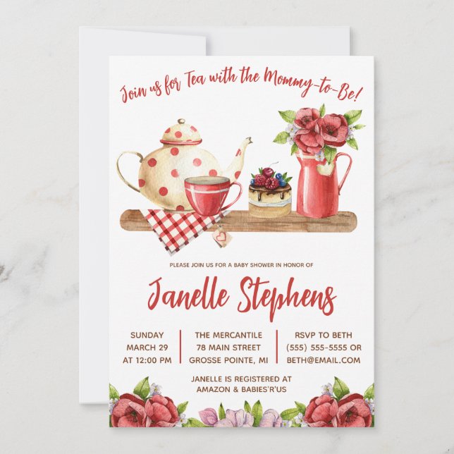 Red and White Floral, Sweet Tea Party Baby Shower Invitation (Front)