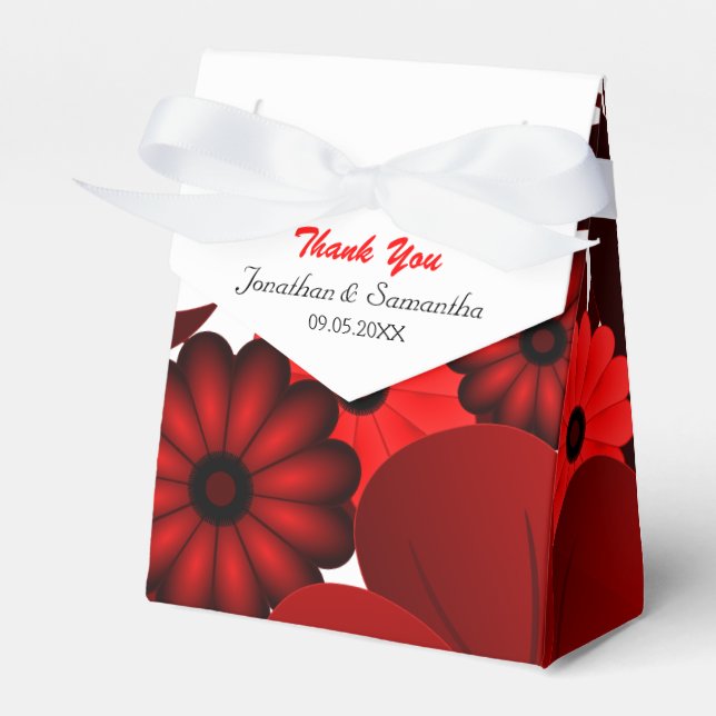 Red and White Floral Tent With Ribbon Favor Box (Front Side)