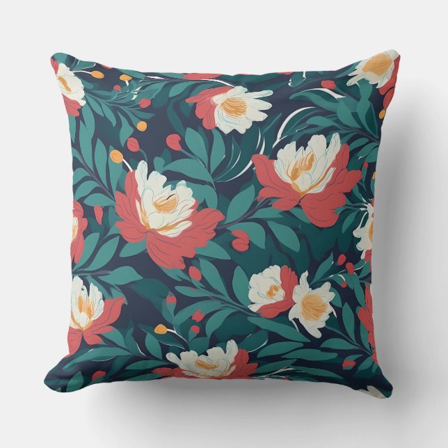 Red and White Floral Throw Pillow (Front)