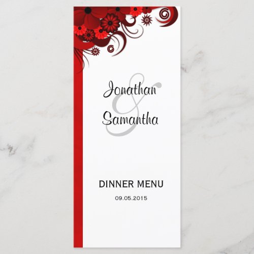 Red and White Floral Wedding Dinner Menu Cards