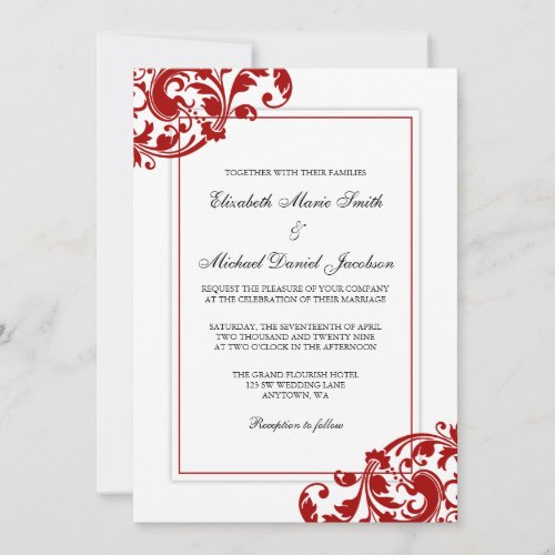 Red and White Flourish Swirls Wedding Custom Invitations